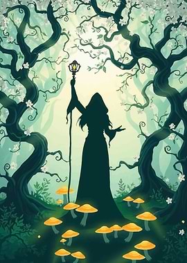 Witch Silhouette with Glowing Mushrooms