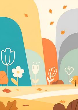 Autumn Landscape with Flowers and Leaves