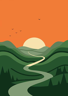 Minimalist Mountain Landscape with Winding Path at Sunset