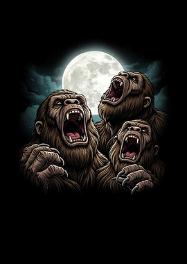 Three Howling Gorillas Under Full Moon