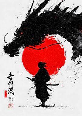 Samurai and Dragon Ink Art