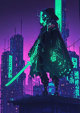 Warrior in Neon Cityscape