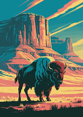 Bison in Monument Valley Illustration