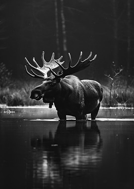 Moose in Water, Black and White