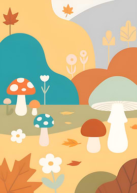 Mushroom and Autumn Leaves Illustration