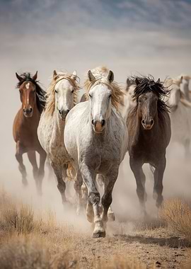 Wild Horses Running in Dusty Landscape