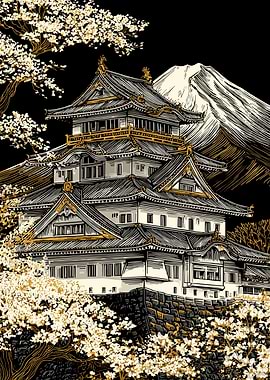 Japanese Castle with Mount Fuji