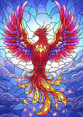 Colorful Phoenix Stained Glass Illustration