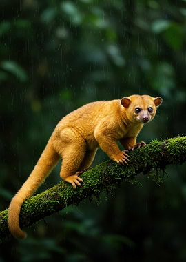Kinkajou on Mossy Branch in Rainforest