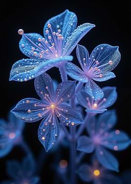 Glowing Blue Flowers on Black Background