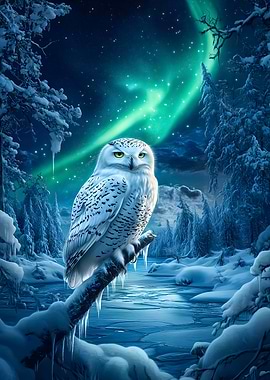 Snowy Owl Under Aurora Borealis