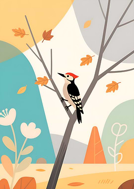 Woodpecker in Autumn Landscape Illustration