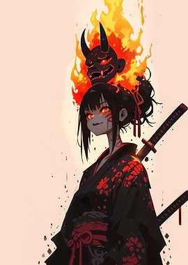 Anime Girl with Oni Mask and Fire