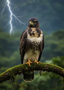 Eagle Perched on Branch with Lightning