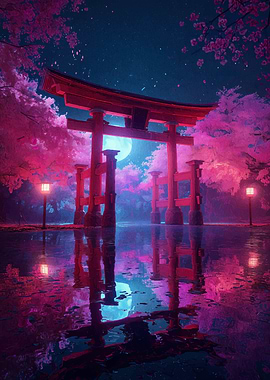 Japanese Torii Gate with Cherry Blossoms