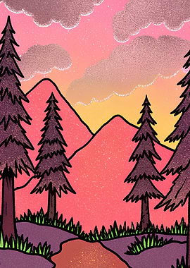 Pink Mountain Landscape with Pine Trees