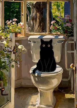 Black cat sitting on toilet