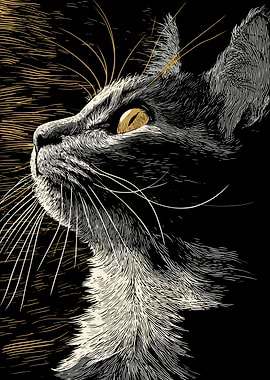 Elegant Cat Portrait in Scratchboard Style