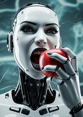 Android Woman Eating Red Apple