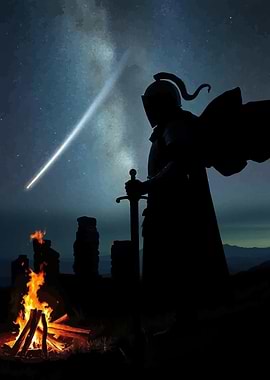 Knight by Campfire Under Shooting Star
