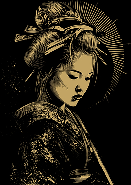 Geisha Portrait in Gold and Black