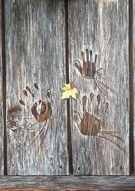 Wooden panel with handprints and leaf