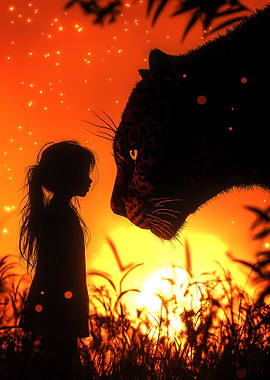 Girl and Leopard Silhouette at Sunset