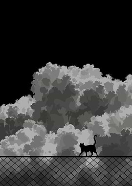 Black Cat on Fence with Clouds