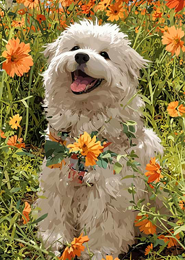 Happy Dog in Flower Field