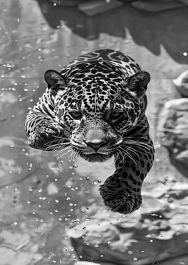 Leaping Jaguar in Black and White