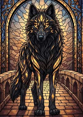 Stained Glass Wolf on Stone Bridge