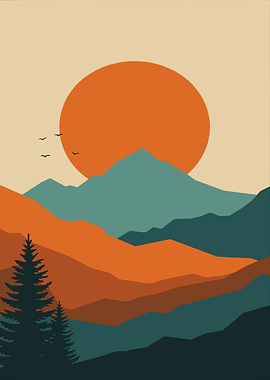Minimalist Mountain Landscape with Sunset