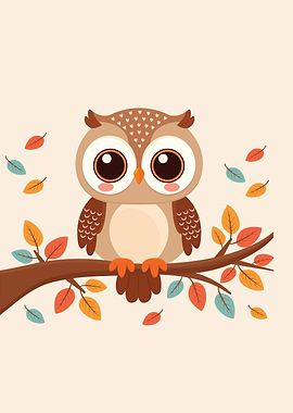 Cute Cartoon Owl on Branch