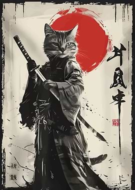 Samurai Cat with Katana and Sun