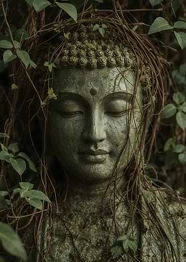Buddha statue with vines and leaves