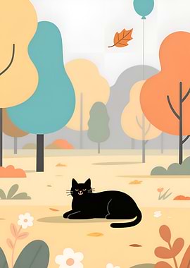 Black Cat in Autumn Park Illustration