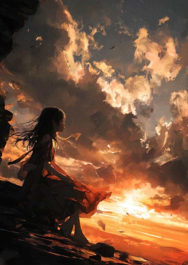 Girl on Cliff at Sunset Painting