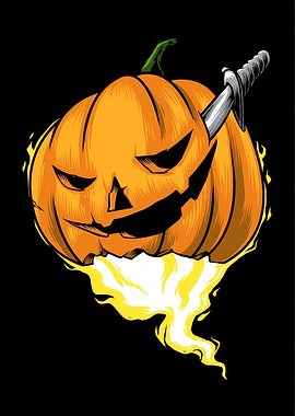 Menacing Pumpkin with Sword and Flames