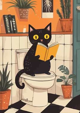 Cat Reading on Toilet Illustration