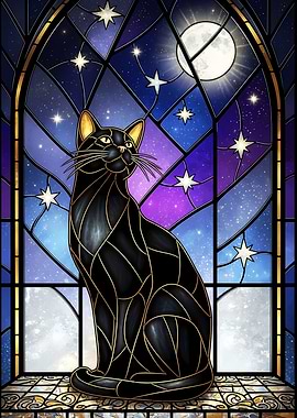 Stained Glass Black Cat and Moon