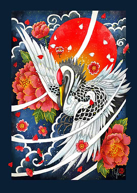 Crane and Flowers Japanese Art