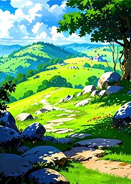 Anime Style Landscape with Rolling Hills