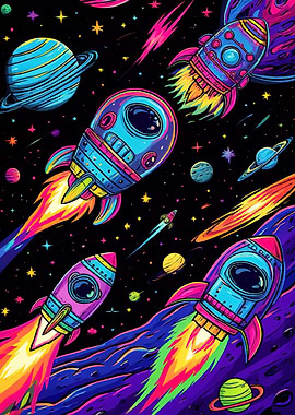 Colorful Space Rockets Planets