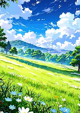 Anime Landscape with Flowers and Sky