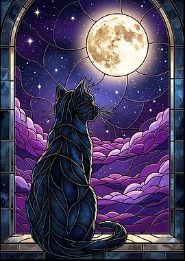 Stained Glass Cat Moon