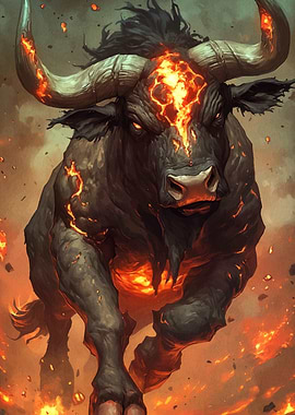 Fiery Bull Charging Forward