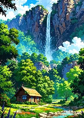 Anime Waterfall Cabin Landscape