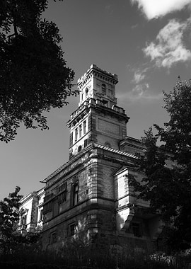 Black and White Building with Tower