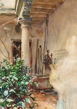 Watercolor Courtyard Scene with Plants