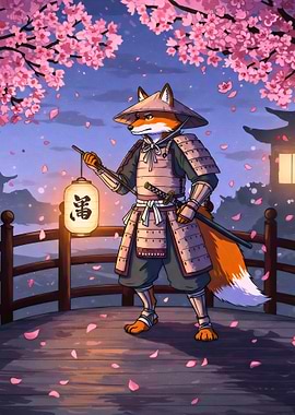 Fox Samurai with Lantern under Cherry Blossoms